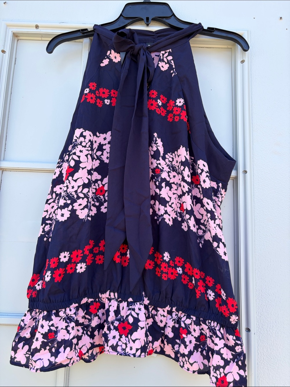 New York & Company Navy Tank with Pink Floral Tie Detail